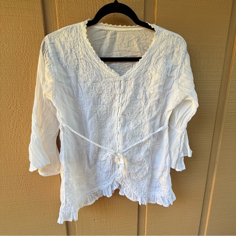 White Embroidered Top Button Up Blouse Whimsy Renaissance Boho Ruffle S